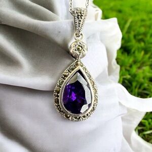 925 Sterling Silver  Amethyst teardrop  & Marcasite  Pendant with Chain